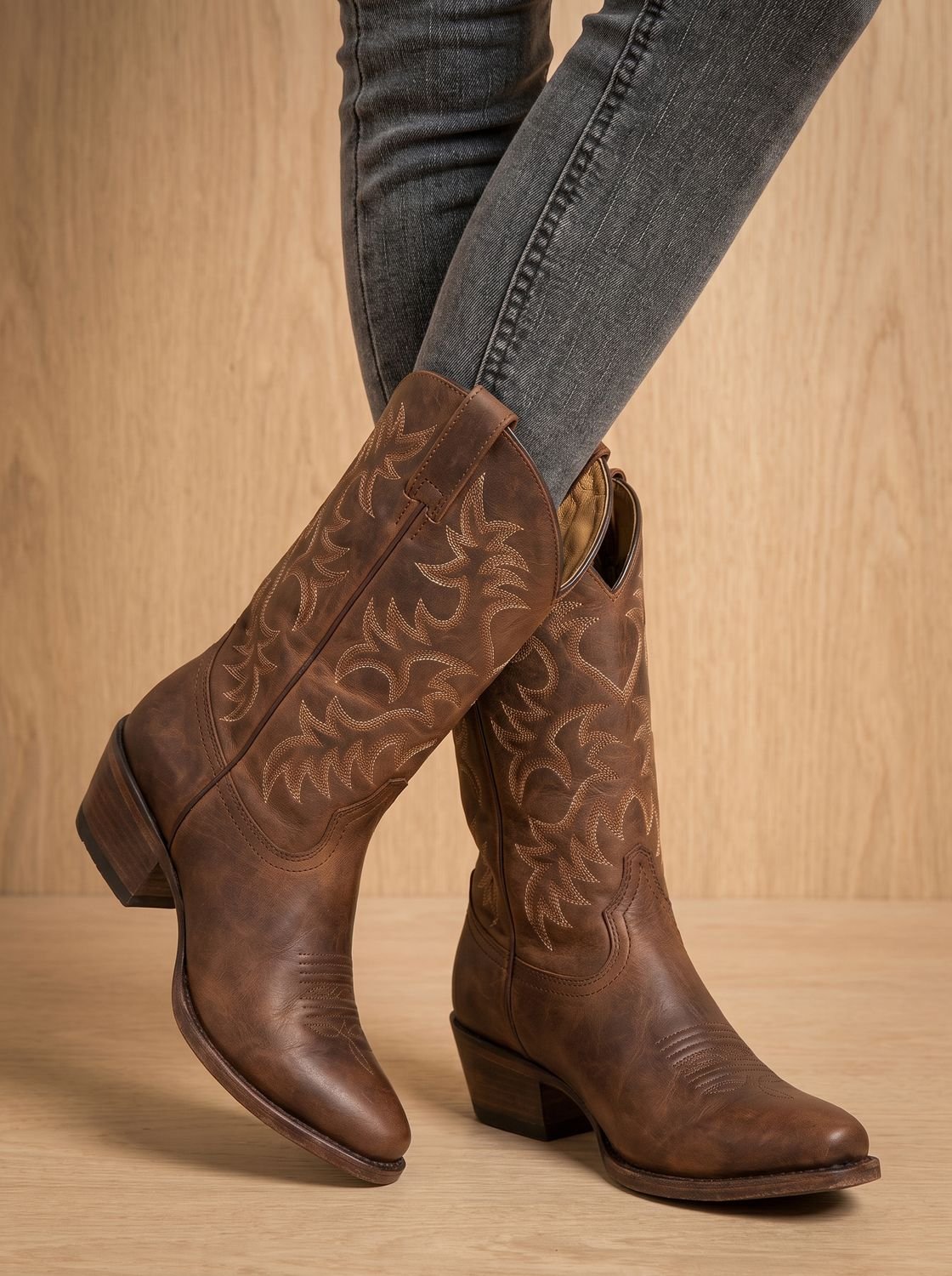 Women's Mid-Calf Western Boots with Tonal Embroidery and Block Heel - Brown