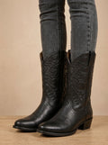 Women's Mid-Calf Western Boots with Tonal Embroidery and Block Heel - Black
