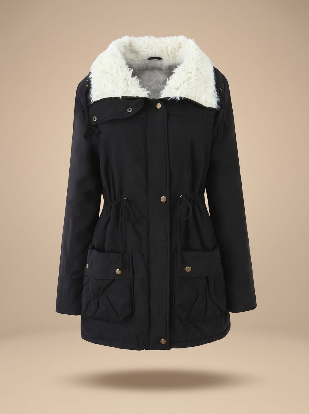 Women's Machine-Washable Insulated Coat with Drawstring Waist - Black