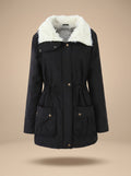 Women's Machine-Washable Insulated Coat with Drawstring Waist - Black