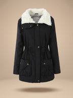 Women's Machine-Washable Insulated Coat with Drawstring Waist - Black