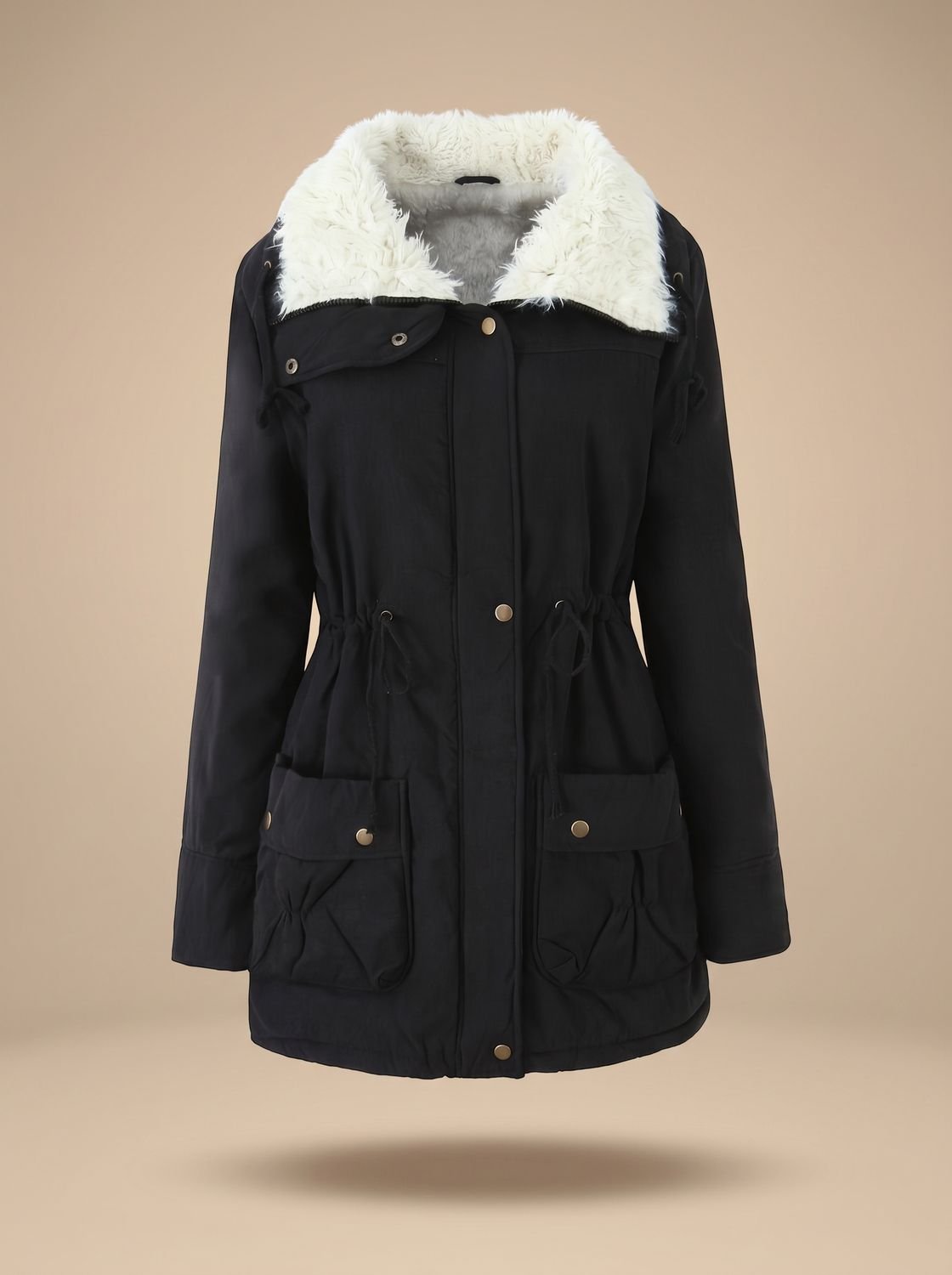 Women's Machine-Washable Insulated Coat with Drawstring Waist - Black