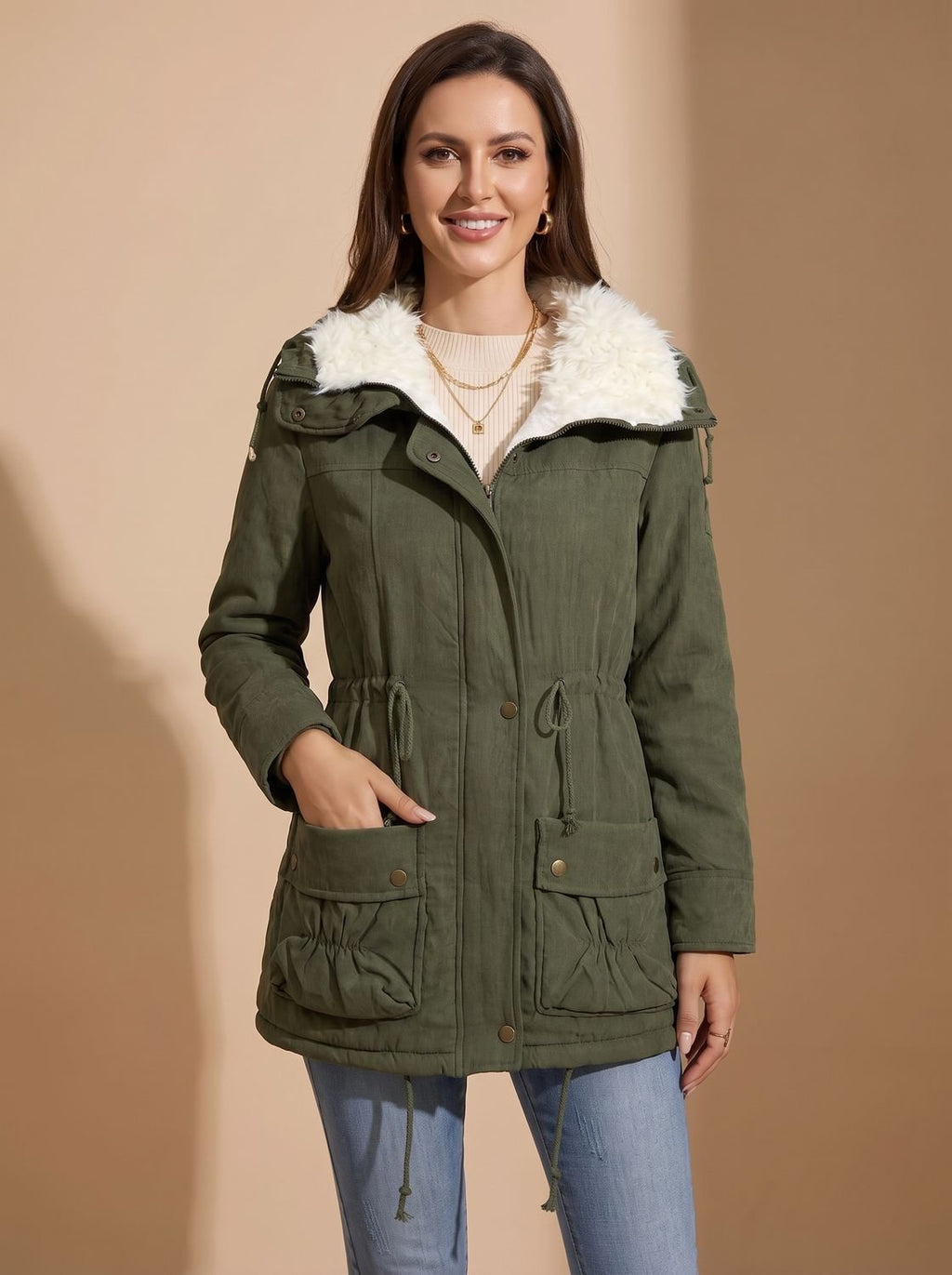 Women's Machine-Washable Insulated Coat with Drawstring Waist