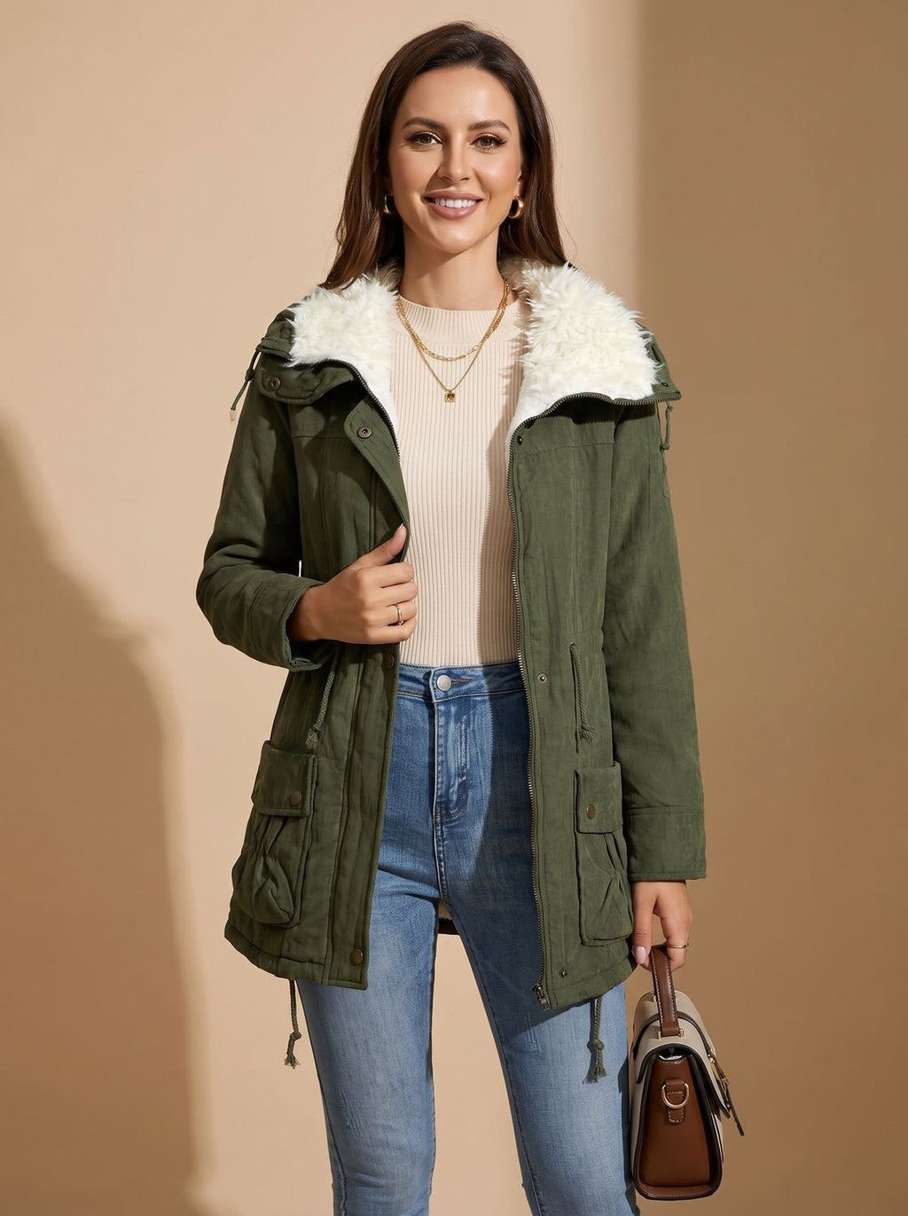 Women's Machine-Washable Insulated Coat with Drawstring Waist