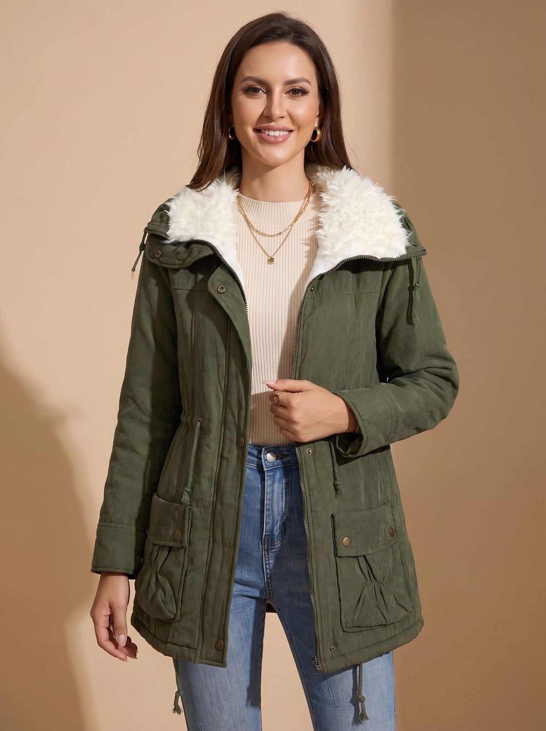 Women's Machine-Washable Insulated Coat with Drawstring Waist - Olive Green