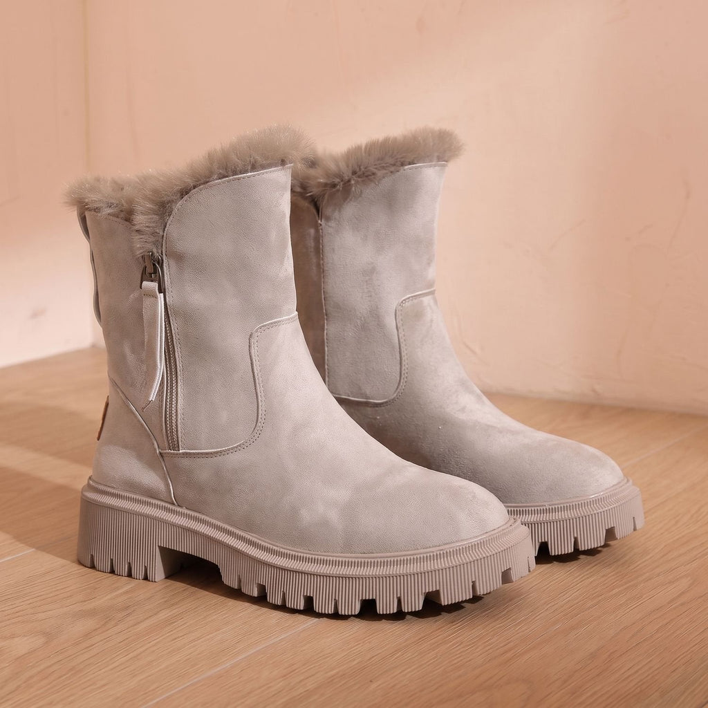 Women's Snow-Ready Deep-Tread Boots with Faux Fur Collar - Apricot