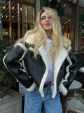 Women's Wide-Lapel Sherpa-Lined Cropped Faux Leather Jacket - Black
