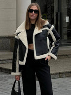 Women's Wide-Lapel Sherpa-Lined Cropped Faux Leather Jacket