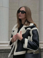 Women's Wide-Lapel Sherpa-Lined Cropped Faux Leather Jacket