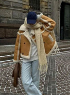 Women's Wide-Lapel Sherpa-Lined Cropped Faux Leather Jacket