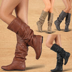 Women's Pull-On Ruched Faux Leather Boots with Flexible Flat Sole