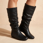 Women's Pull-On Ruched Faux Leather Boots with Flexible Flat Sole
