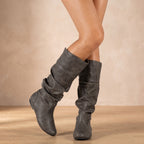 Women's Pull-On Ruched Faux Leather Boots with Flexible Flat Sole