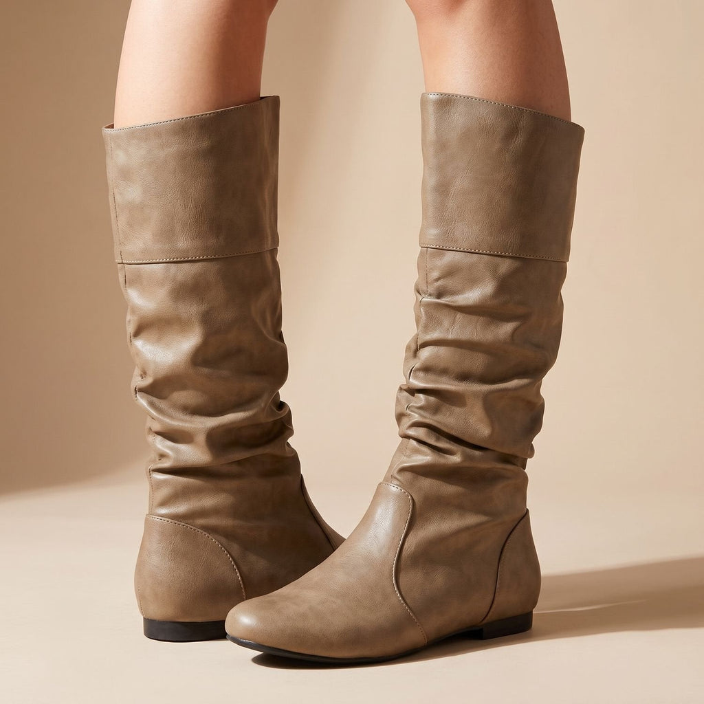 Women's Pull-On Ruched Faux Leather Boots with Flexible Flat Sole