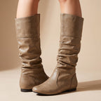 Women's Pull-On Ruched Faux Leather Boots with Flexible Flat Sole