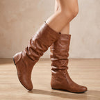 Women's Pull-On Ruched Faux Leather Boots with Flexible Flat Sole