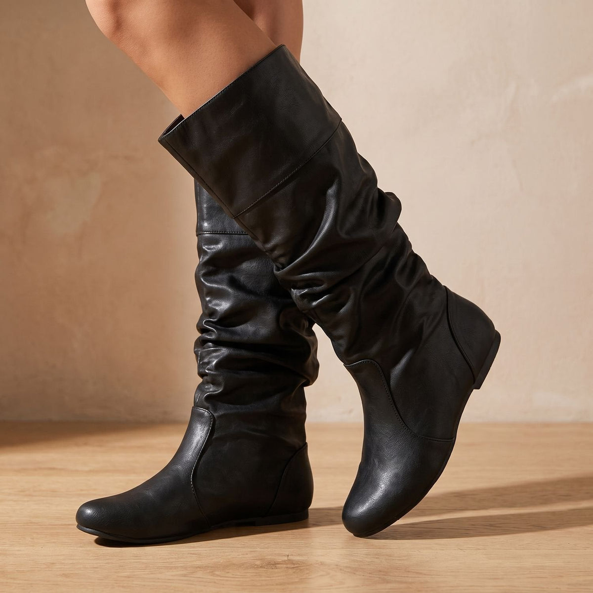 Women's Pull-On Ruched Faux Leather Boots with Flexible Flat Sole - Black