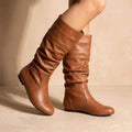 Women's Pull-On Ruched Faux Leather Boots with Flexible Flat Sole - Brown