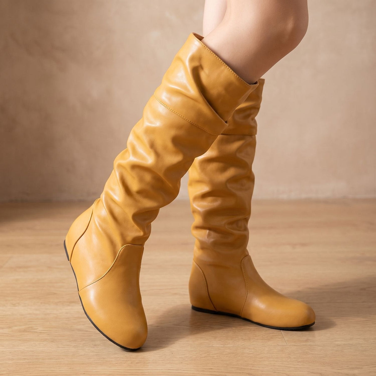 Women's Pull-On Ruched Faux Leather Boots with Flexible Flat Sole - Yellow