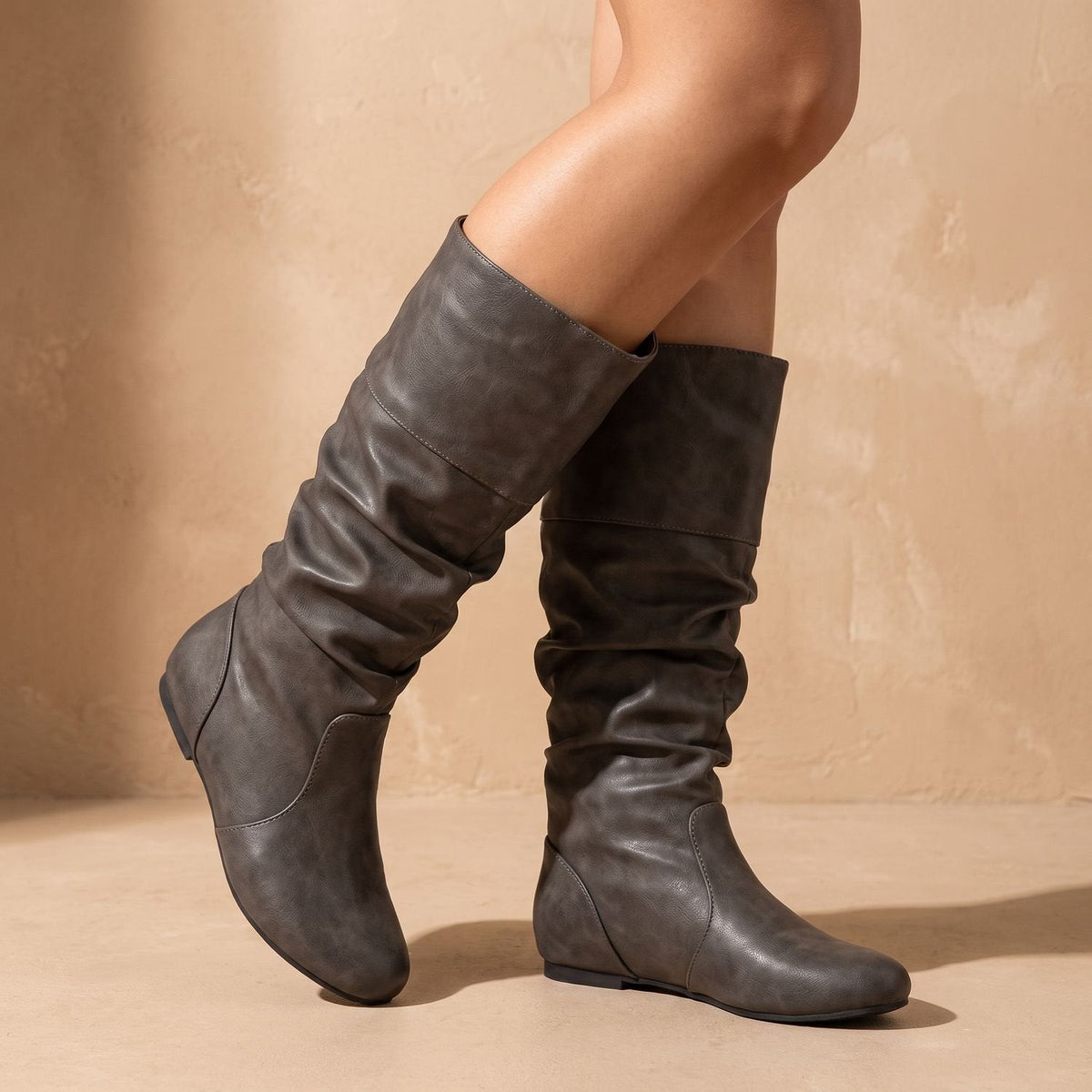 Women's Pull-On Ruched Faux Leather Boots with Flexible Flat Sole - Grey