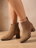 Women's Minimal Side-Zip Ankle Boots with Wide Block Heel - Brown