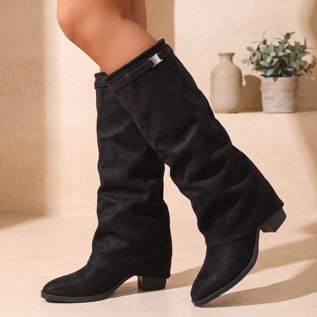Women's Faux Suede Knee-High Slouch Boots with Clasp and Pointed Toe