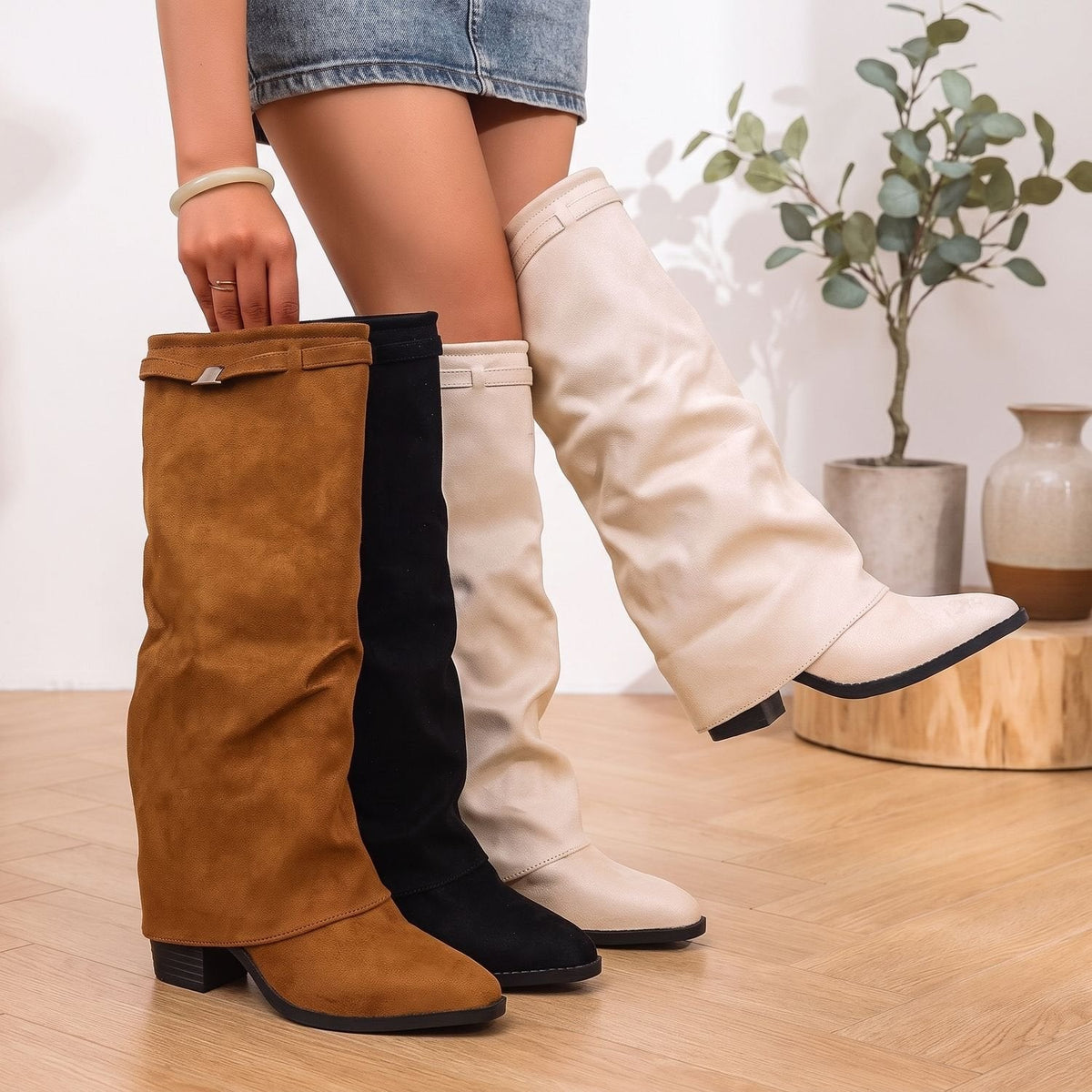 Women's Faux Suede Knee-High Slouch Boots with Clasp and Pointed Toe