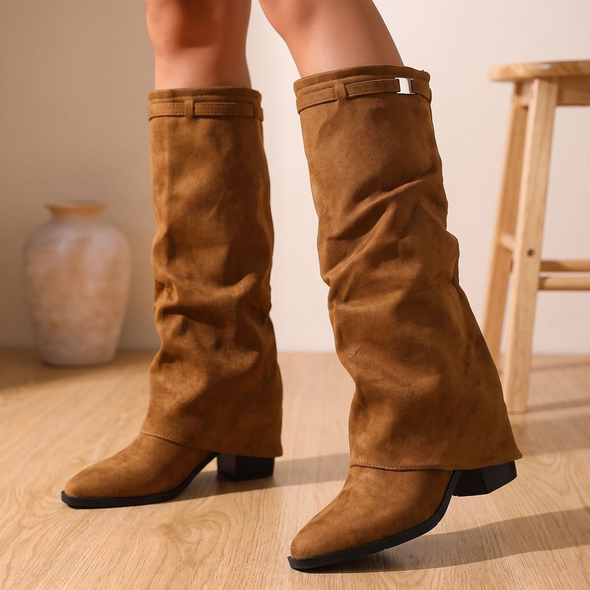 Women's Faux Suede Knee-High Slouch Boots with Clasp and Pointed Toe