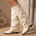 Women's Faux Suede Knee-High Slouch Boots with Clasp and Pointed Toe