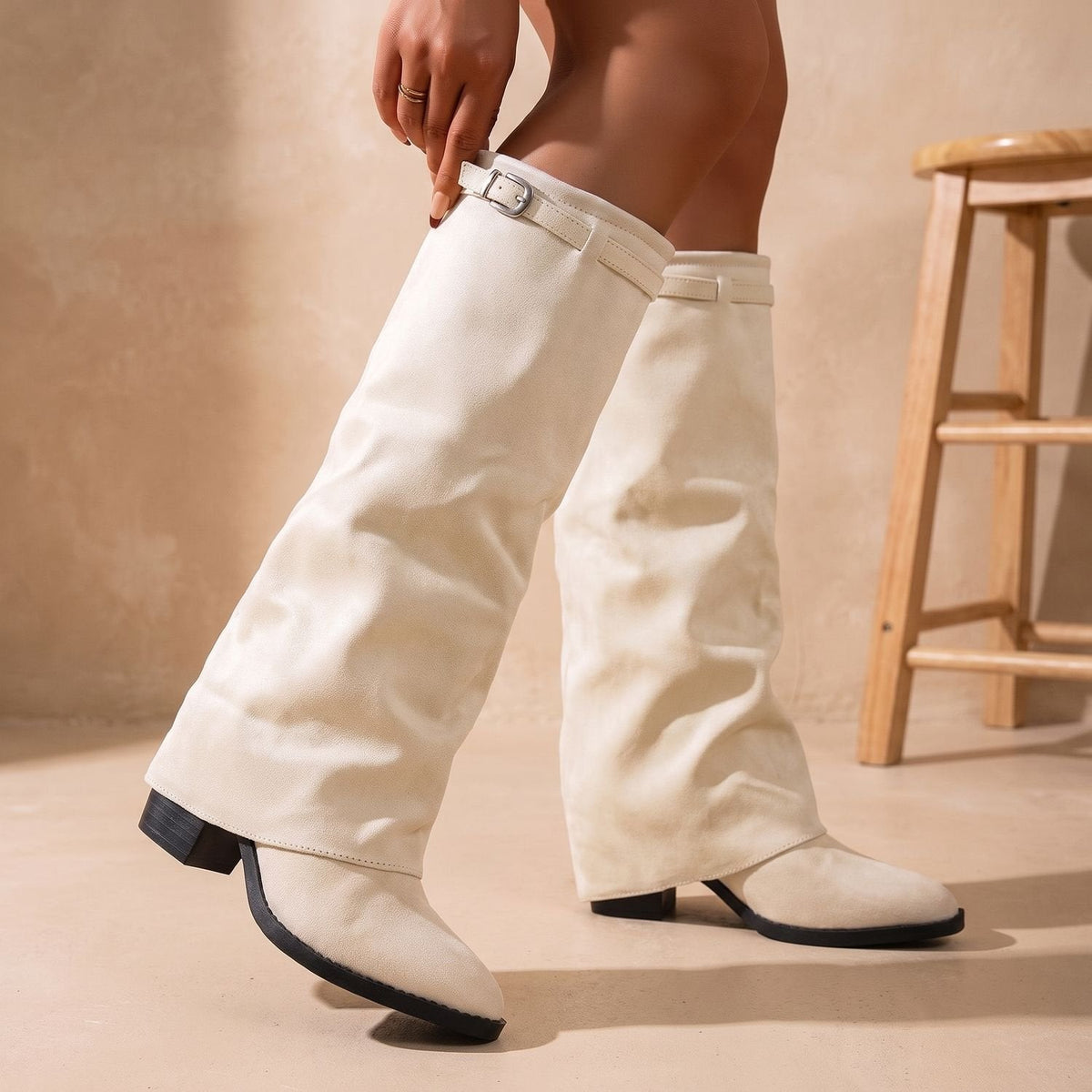 Women's Faux Suede Knee-High Slouch Boots with Clasp and Pointed Toe - Beige