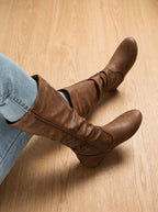 Women's Flat Knee-High Boots with Gathered Shaft and Zip Opening