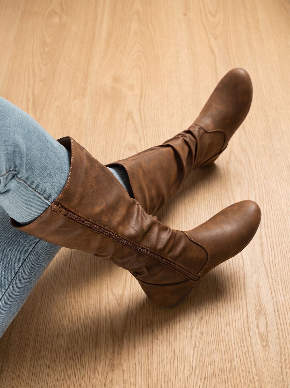 Women's Flat Knee-High Boots with Gathered Shaft and Zip Opening