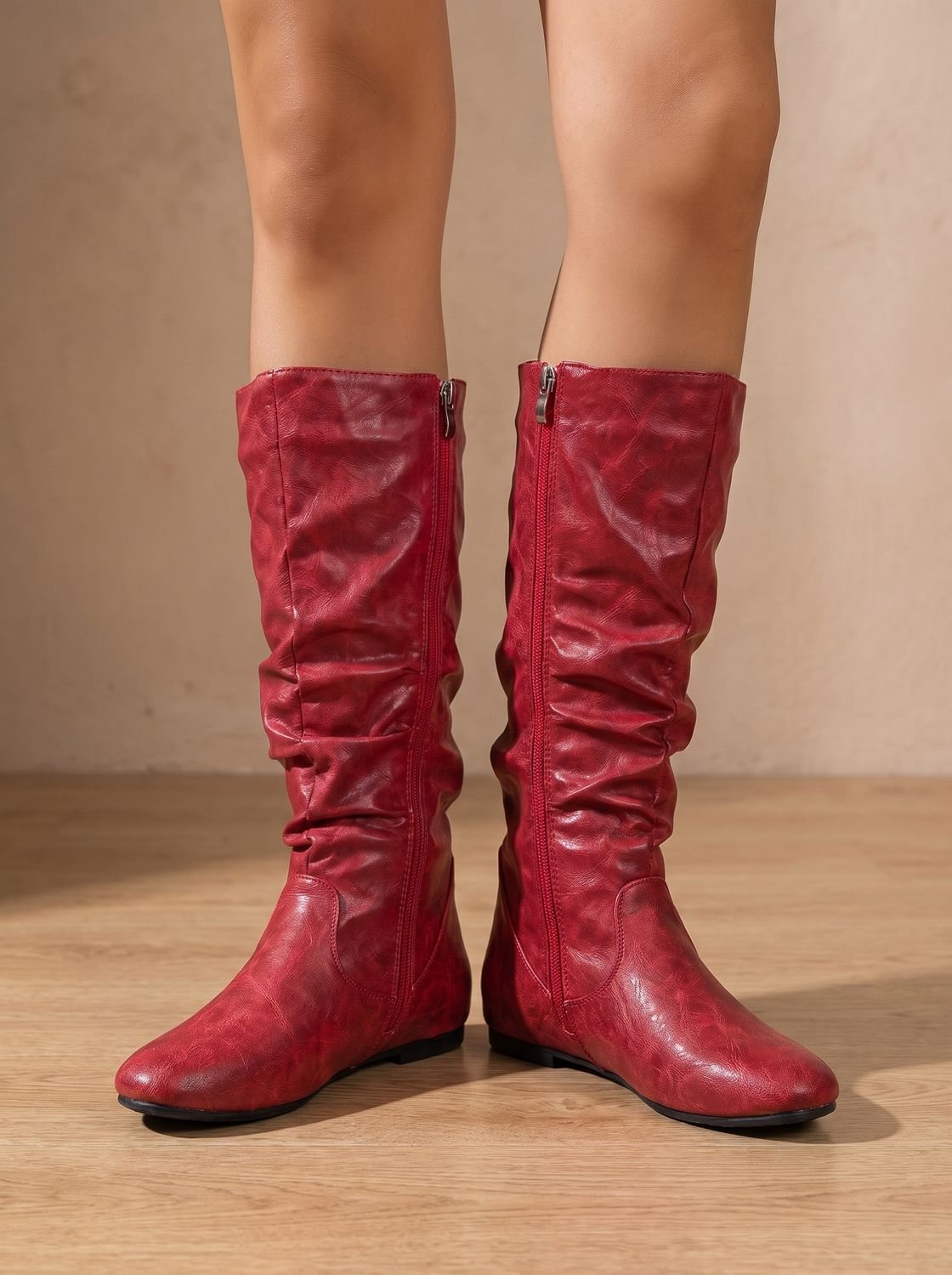 Women's Flat Knee-High Boots with Gathered Shaft and Zip Opening