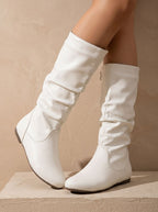 Women's Flat Knee-High Boots with Gathered Shaft and Zip Opening
