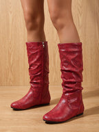Women's Flat Knee-High Boots with Gathered Shaft and Zip Opening