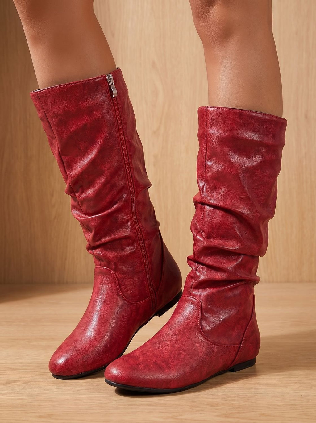 Women's Flat Knee-High Boots with Gathered Shaft and Zip Opening