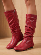 Women's Flat Knee-High Boots with Gathered Shaft and Zip Opening