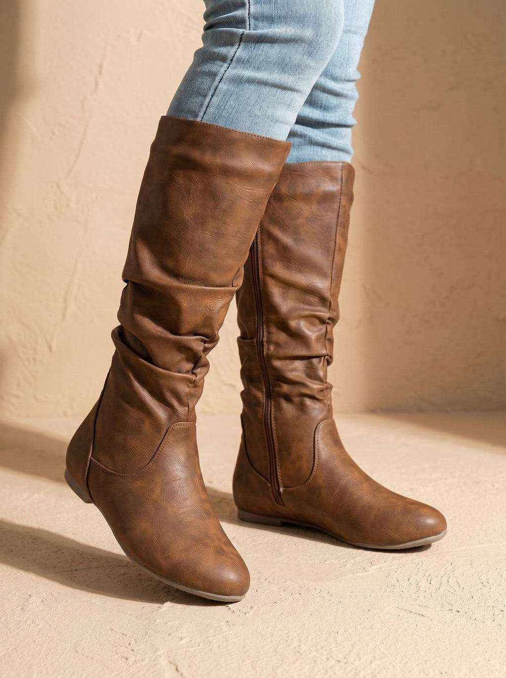 Women's Flat Knee-High Boots with Gathered Shaft and Zip Opening