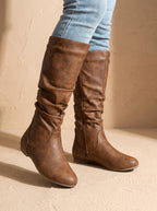 Women's Flat Knee-High Boots with Gathered Shaft and Zip Opening