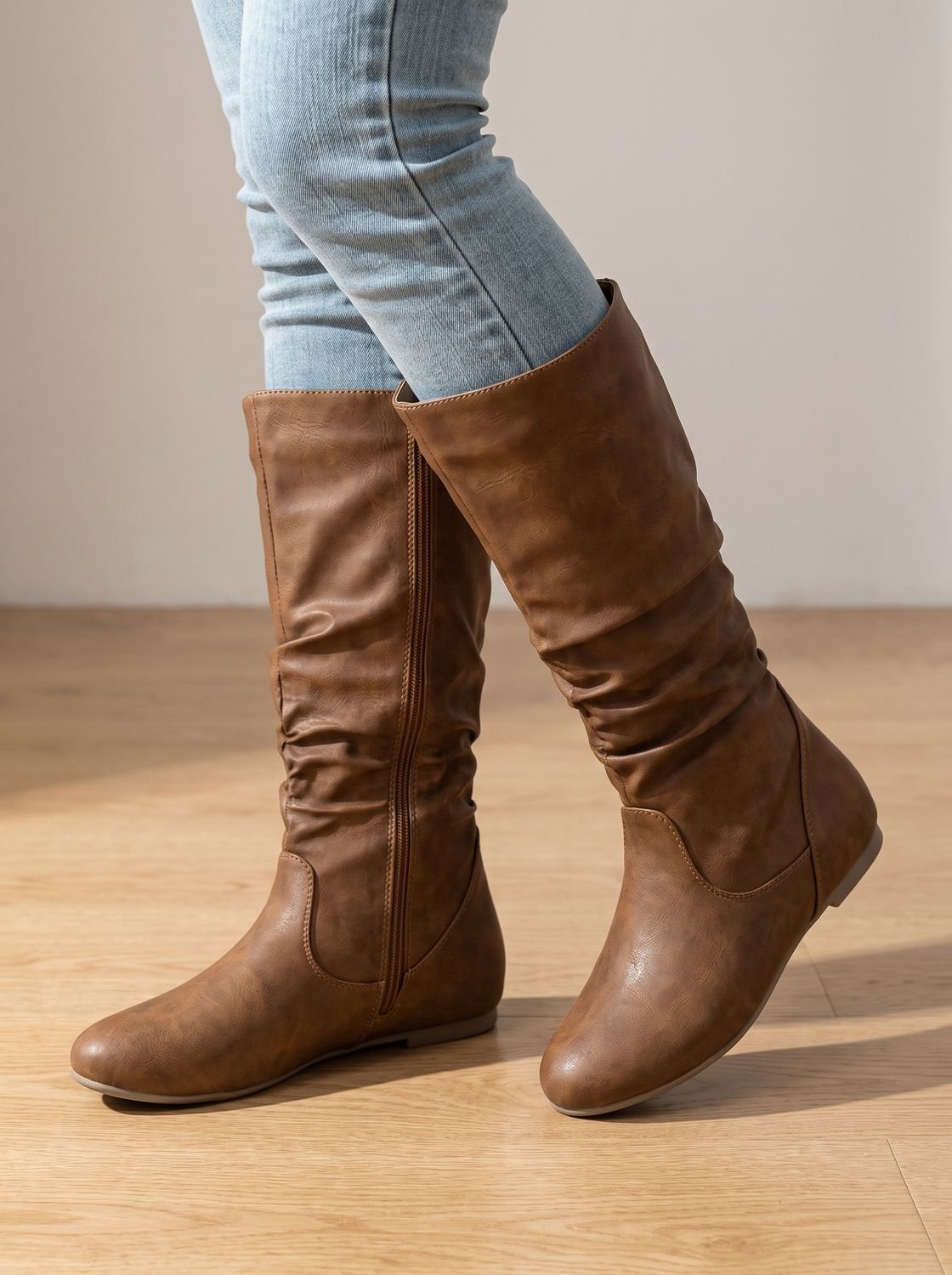 Women's Flat Knee-High Boots with Gathered Shaft and Zip Opening