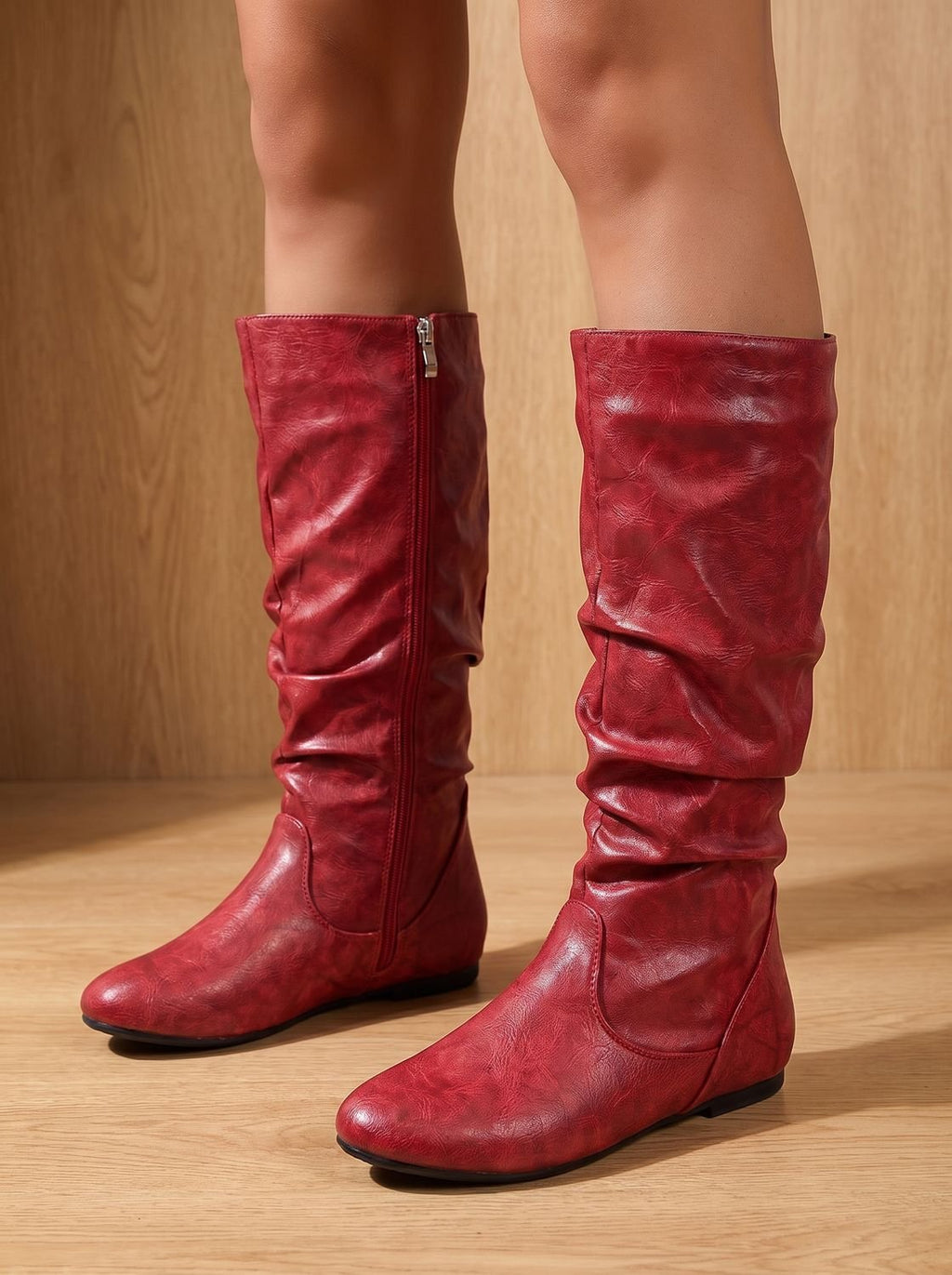 Women's Flat Knee-High Boots with Gathered Shaft and Zip Opening