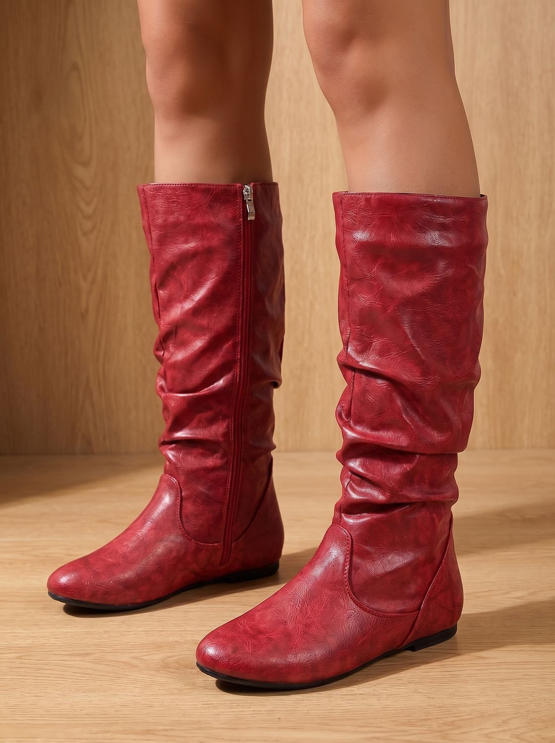 Women's Flat Knee-High Boots with Gathered Shaft and Zip Opening