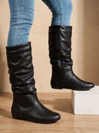 Women's Flat Knee-High Boots with Gathered Shaft and Zip Opening
