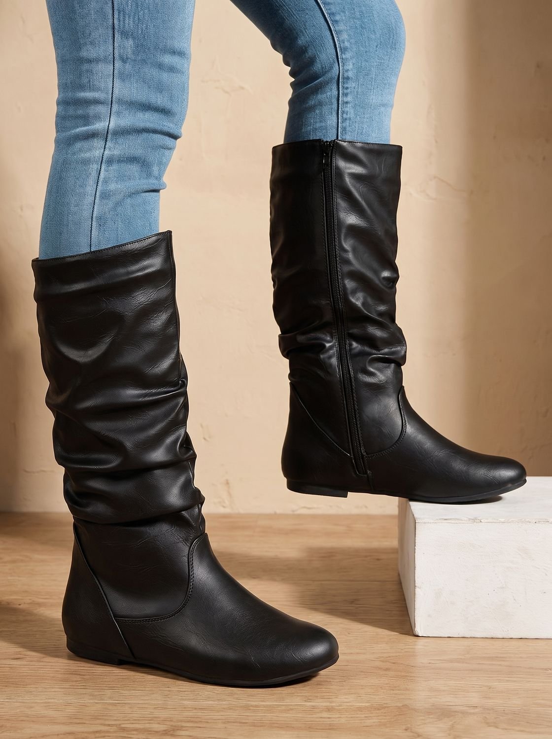 Women's Flat Knee-High Boots with Gathered Shaft and Zip Opening
