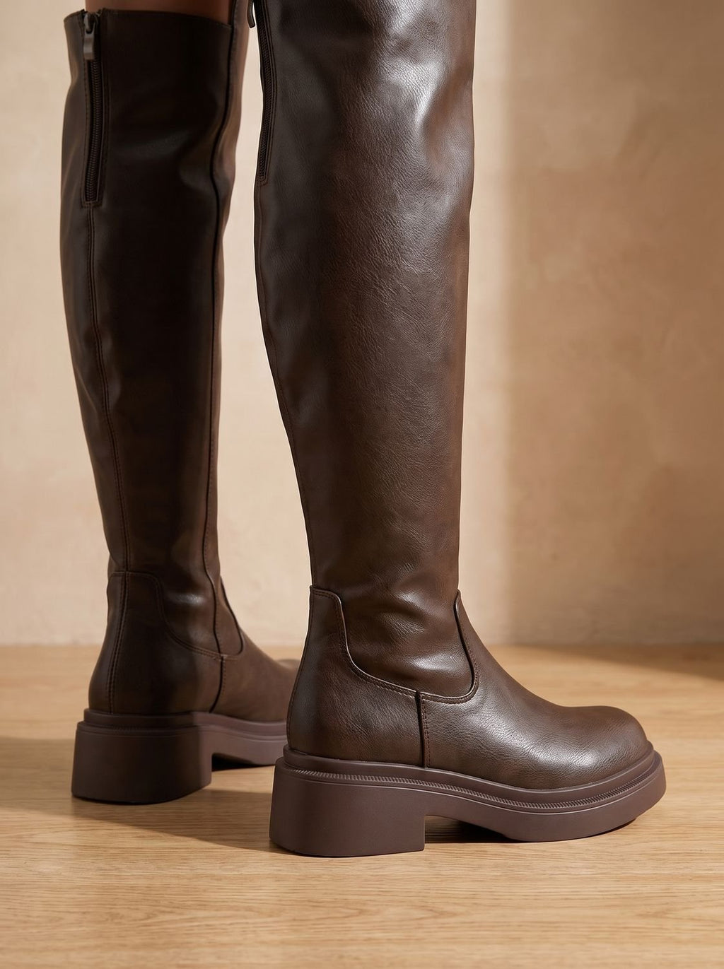 Women's Heel-Free Over-the-Knee Boots with Chunky Sole and Side Zip