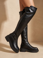 Women's Heel-Free Over-the-Knee Boots with Chunky Sole and Side Zip - Black