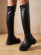 Women's Heel-Free Over-the-Knee Boots with Chunky Sole and Side Zip