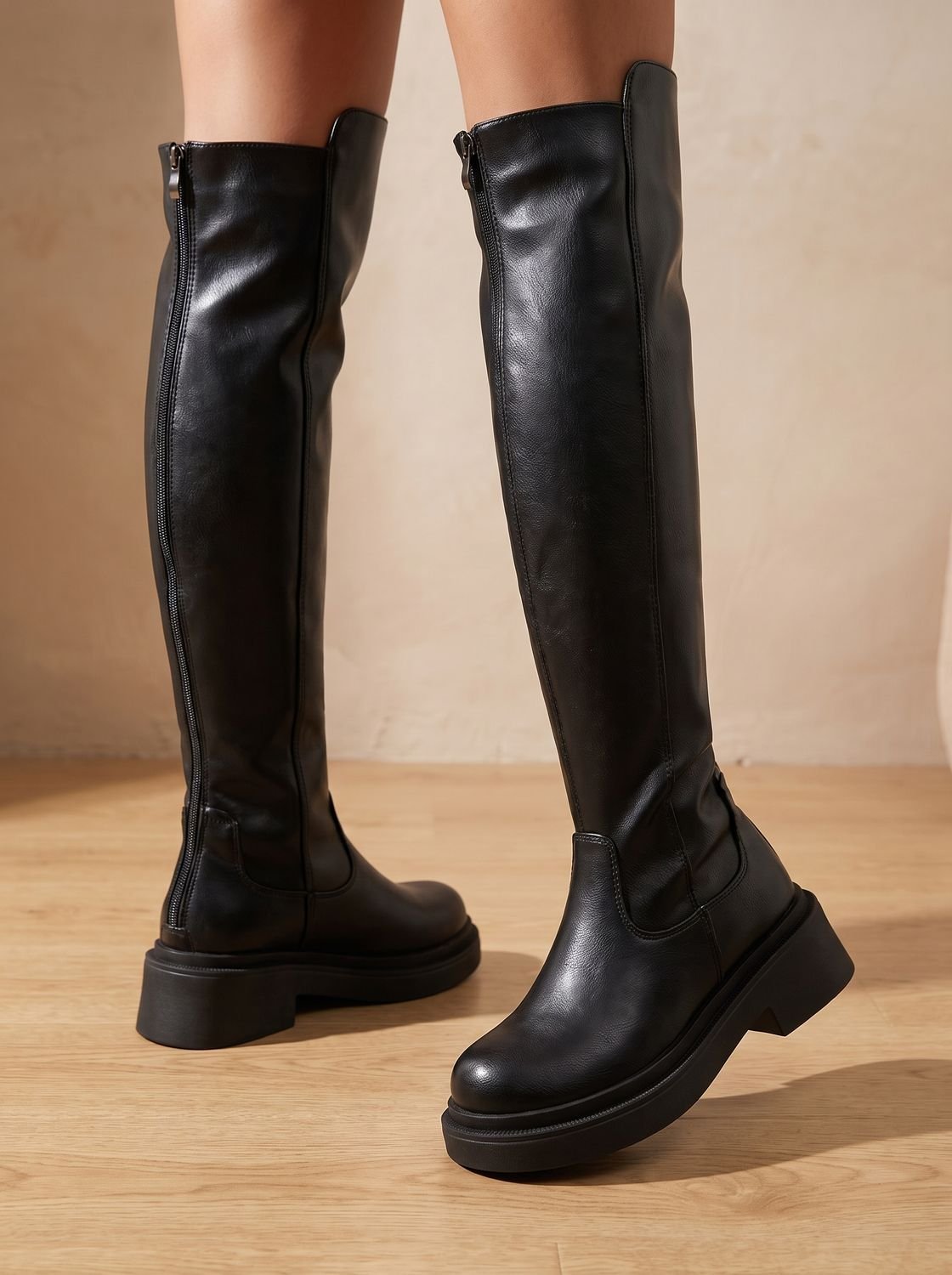 Women's Heel-Free Over-the-Knee Boots with Chunky Sole and Side Zip