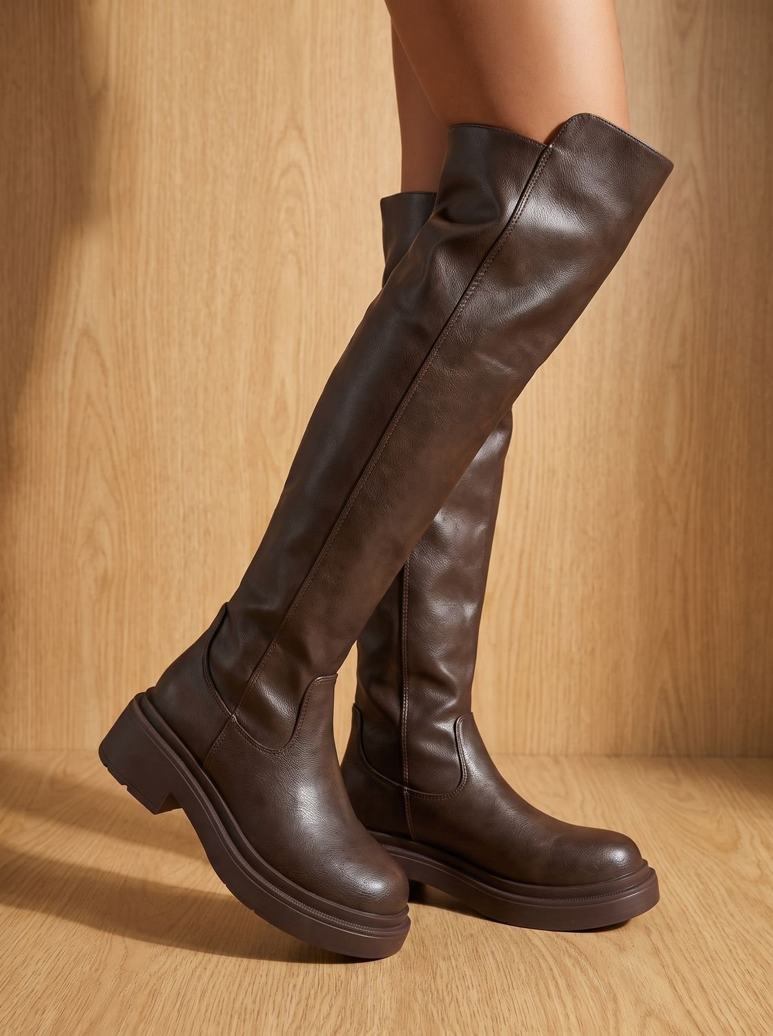 Women's Heel-Free Over-the-Knee Boots with Chunky Sole and Side Zip - Brown