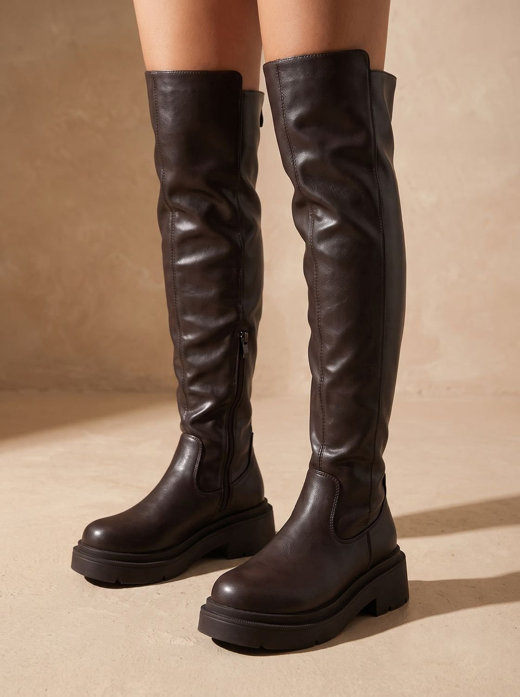 Women's Heel-Free Over-the-Knee Boots with Chunky Sole and Side Zip